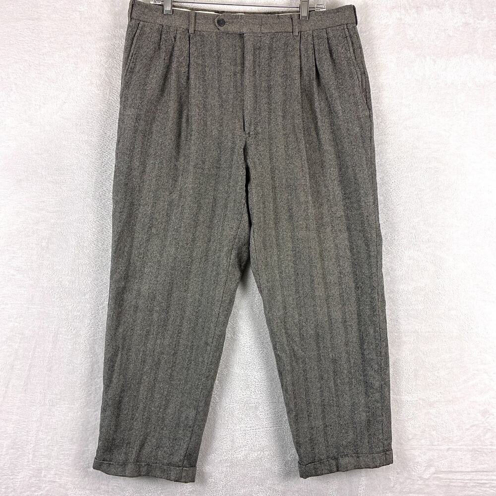VTG Berle Tailored Pants Mens 34x29 Gray Herringbone Wool Pleated Cuffed 80s